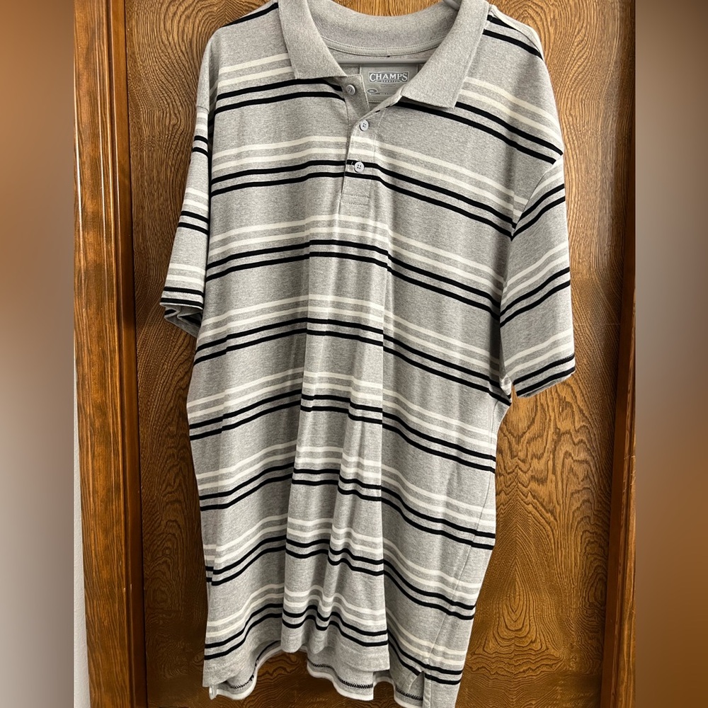 CHAMPS brand, short sleeve, grey polo with black and white stripes. Size 3XL